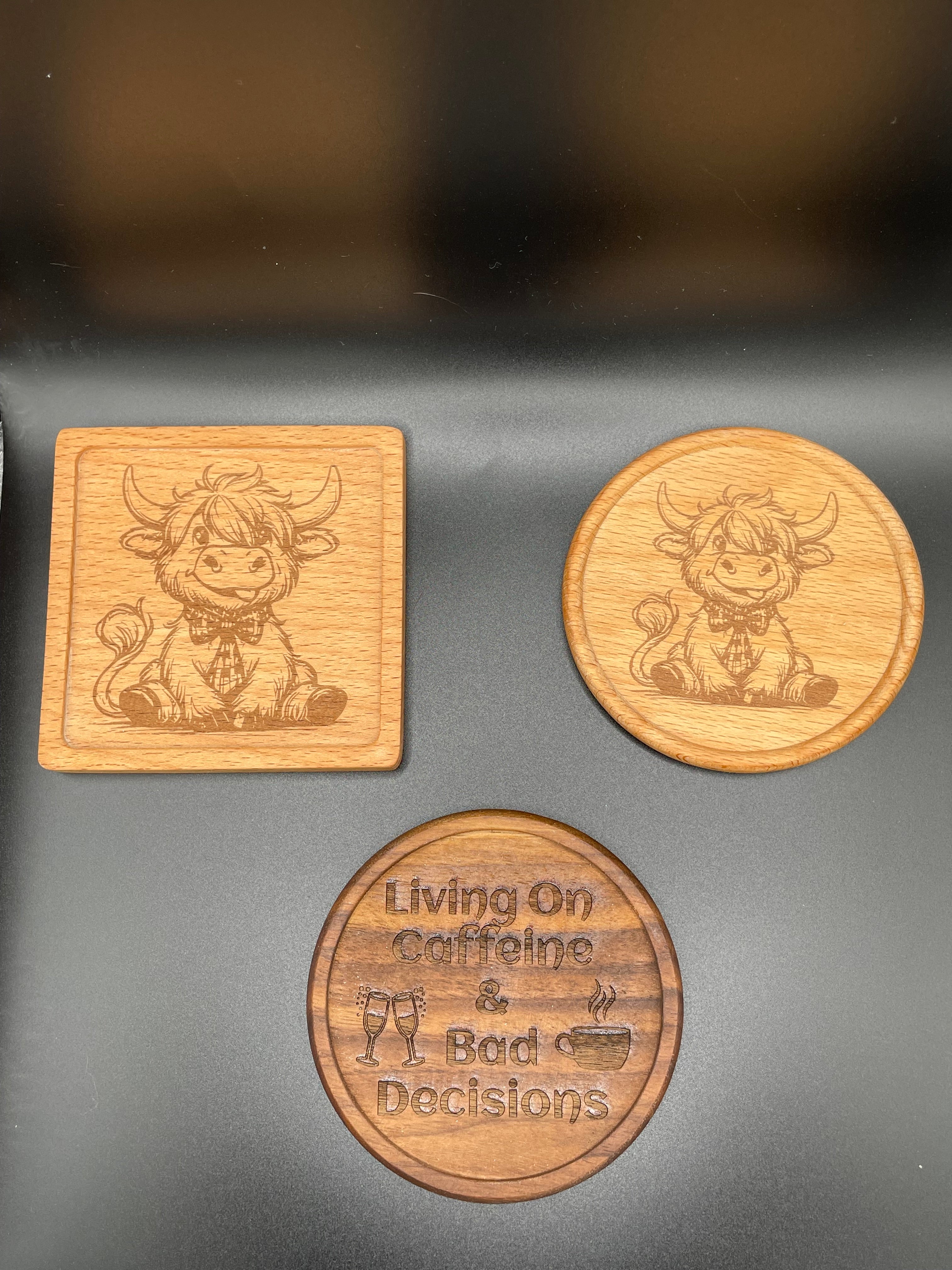 Engraved Coffee Coaster – “Living on Caffeine & Bad Decisions” Set of 4