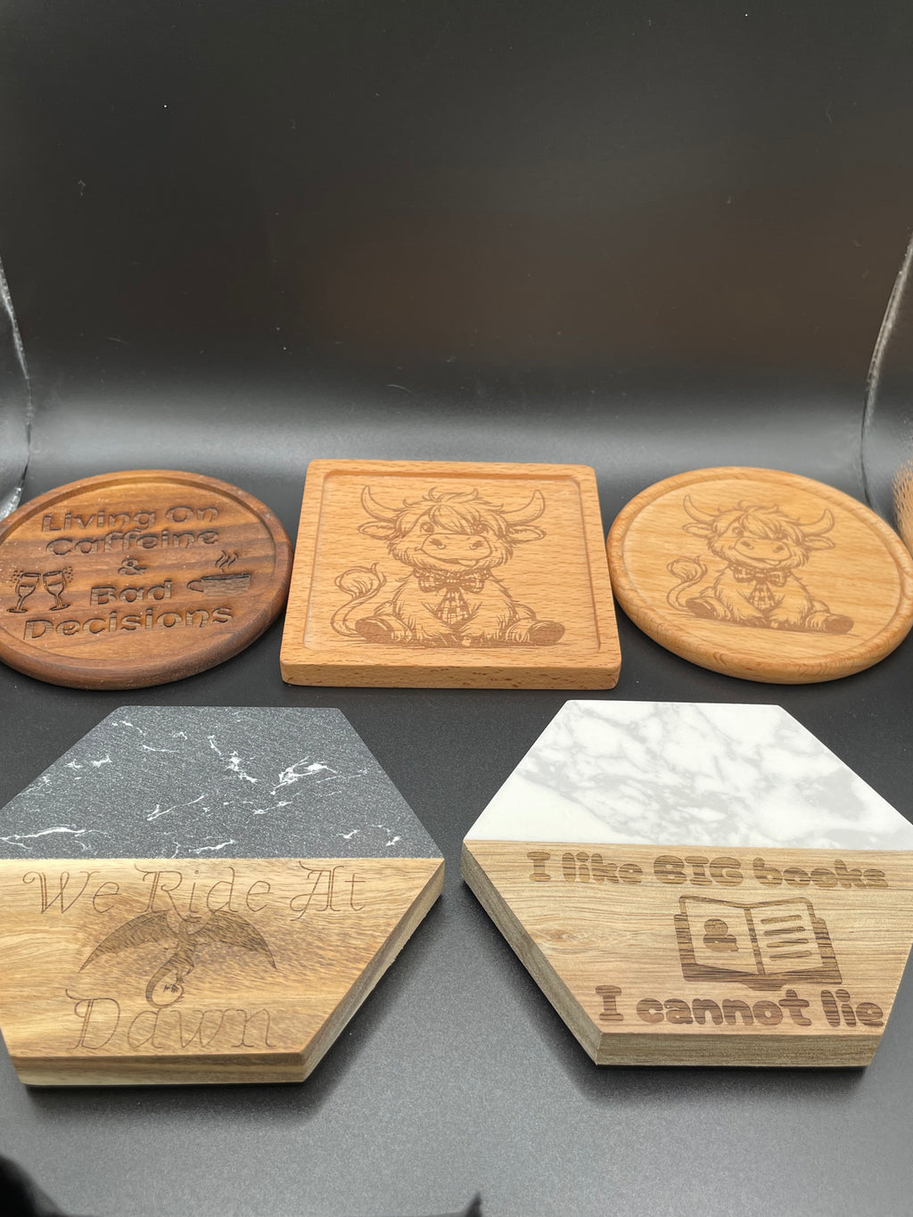 Engraved Coffee Coaster – “Living on Caffeine & Bad Decisions” Set of 4